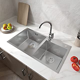 Aica Sanitaire Aica Évier De Cuisine 78x43x20cm évier Cuisine 2 Bacs En Inox Livré Avec 2 Siphons En Inox Modèle A7i2 - B0B2R3YV39