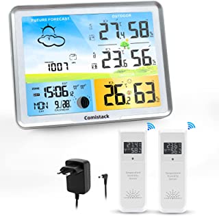 Comistack Station Météo Sans Fil Avec 2 Capteurs Extérieurs, Horloge Radio Dcf Réveil Intérieur Et Extérieur Température Et Humidité De L'air Station Météo Sans Fil Avec écran Couleur Pour Salon - B09Y8KKK73