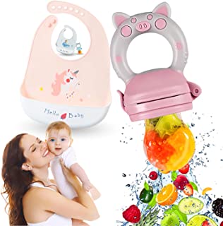 2en1 Grignoteuse Bébé & Son Bavoir Silicone, Tétine Fruits Bébé, 3 Tailles, Tétines En Silicone, Sans Bfa, Sucette Fruit Bébé à Partir De 3 Mois, Anneau De Dentition, Soulage Bébé, Taille S M L