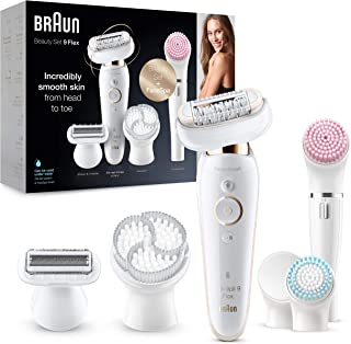 Braun Silk-épil 9 Coffret Beauté & Spa Epilateur Electrique Femme Blanc/doré, Tête Souple, Grip Antidérapant, Brosses Exfoliantes Et Éponge De Maquillage Idée Cadeau, 9-100