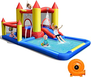 Costway Château Gonflable Pour Enfants, Trampoline Gonflant Extérieur Avec Toboggan, Zone De Saut, Pataugeoire, Piscine à Balles, Panier De Basket-ball, Jeu De Lancer (avec Gonfleur 480 W)